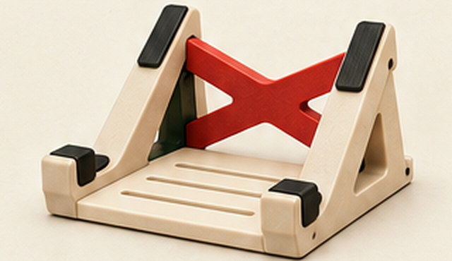 A low ivory stand with a red X brace and a ribbed deck