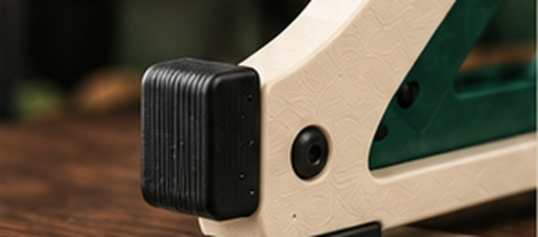 Close view of a padded foot holding an ivory stand steady on a desk