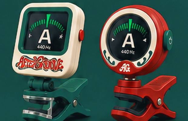 Two clip-on tuner concepts, one ivory and one red, on a green backdrop
