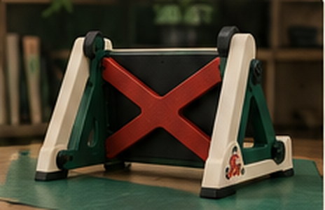 Compact stand with a red X brace seen from the front
