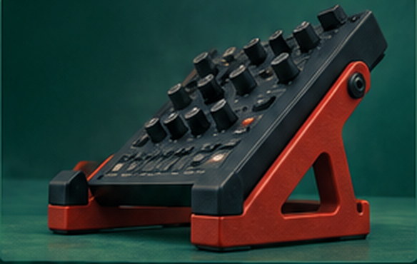 A red angled stand tilting a black groovebox toward the player