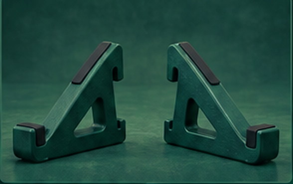 Two green desktop stand wedges facing each other on a green surface