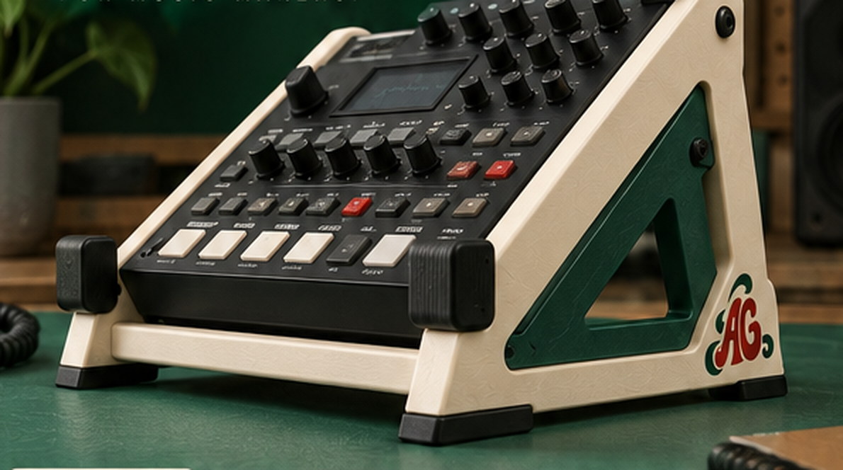 An ivory and green AFTERGROOVE stand holding a sampler on a green desk