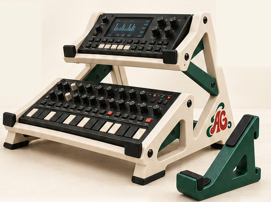 A two-tier AFTERGROOVE stand holding a groovebox above a synthesizer