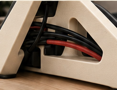 Red and black cables passing through the open triangle of an ivory stand
