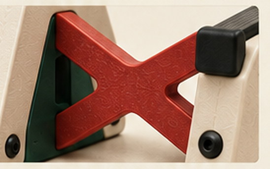 Close view of a red X brace bolted inside an ivory stand frame
